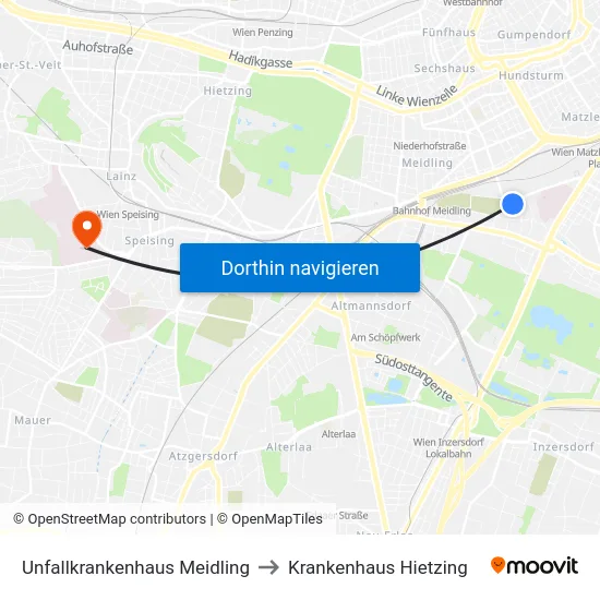 Unfallkrankenhaus Meidling to Krankenhaus Hietzing map