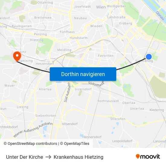 Unter Der Kirche to Krankenhaus Hietzing map
