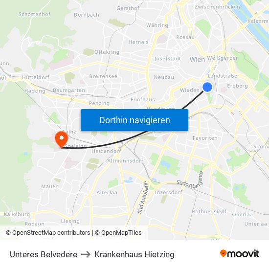 Unteres Belvedere to Krankenhaus Hietzing map