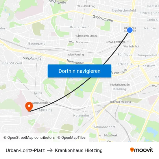 Urban-Loritz-Platz to Krankenhaus Hietzing map
