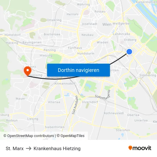 St. Marx to Krankenhaus Hietzing map