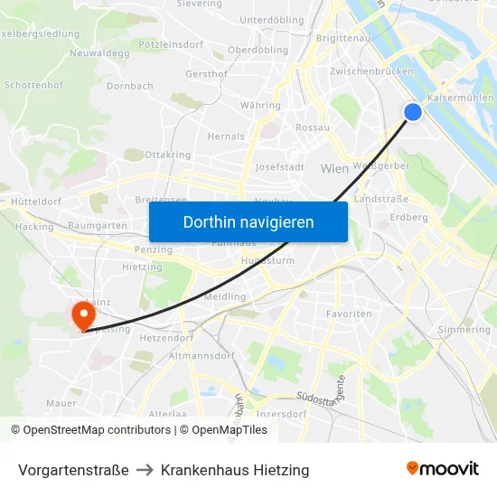 Vorgartenstraße to Krankenhaus Hietzing map