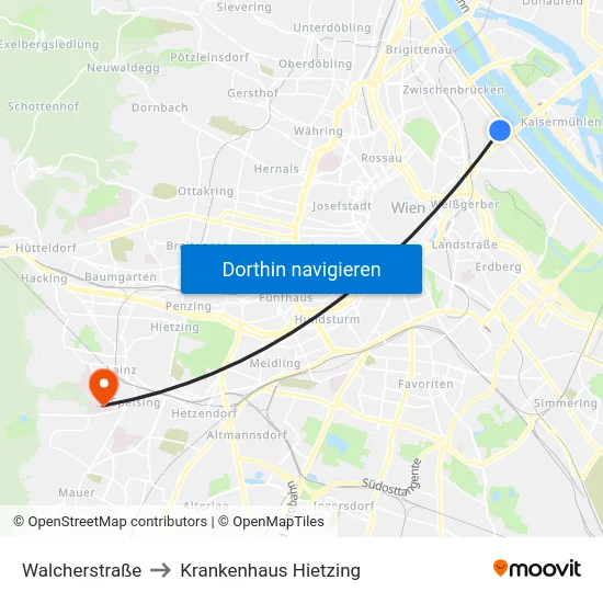 Walcherstraße to Krankenhaus Hietzing map