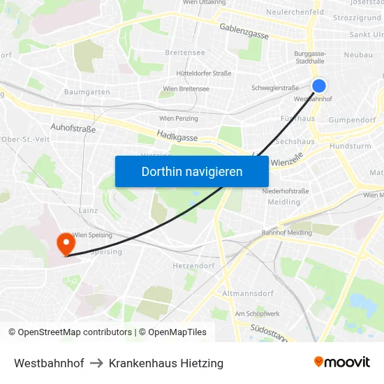 Westbahnhof to Krankenhaus Hietzing map