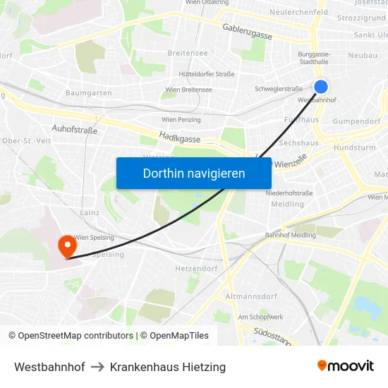 Westbahnhof to Krankenhaus Hietzing map