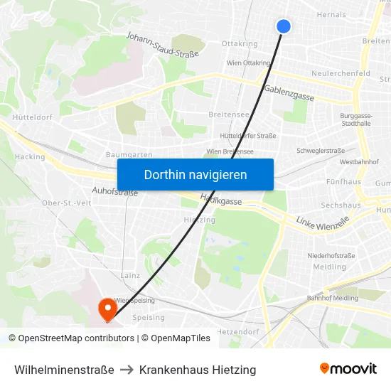 Wilhelminenstraße to Krankenhaus Hietzing map