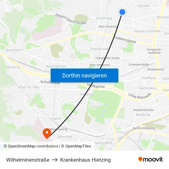 Wilhelminenstraße to Krankenhaus Hietzing map
