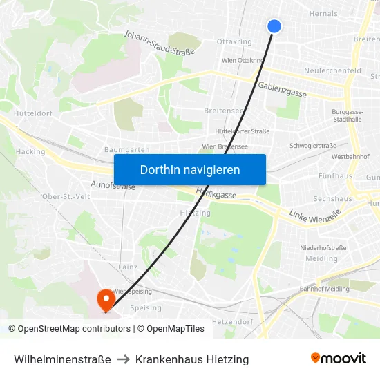 Wilhelminenstraße to Krankenhaus Hietzing map