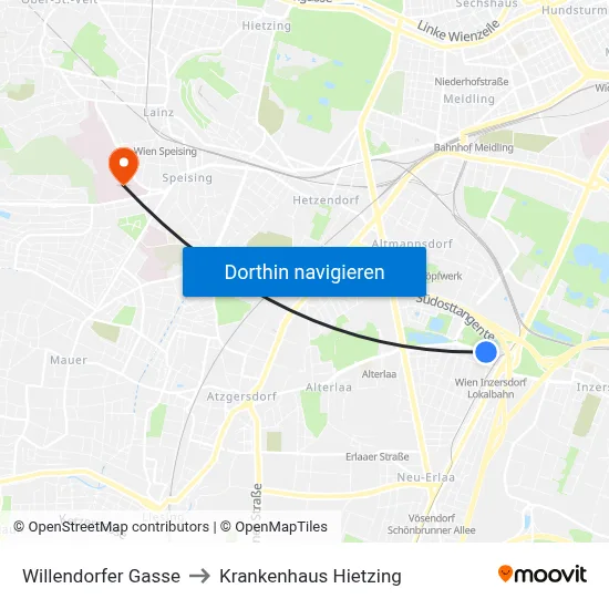 Willendorfer Gasse to Krankenhaus Hietzing map