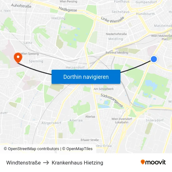 Windtenstraße to Krankenhaus Hietzing map