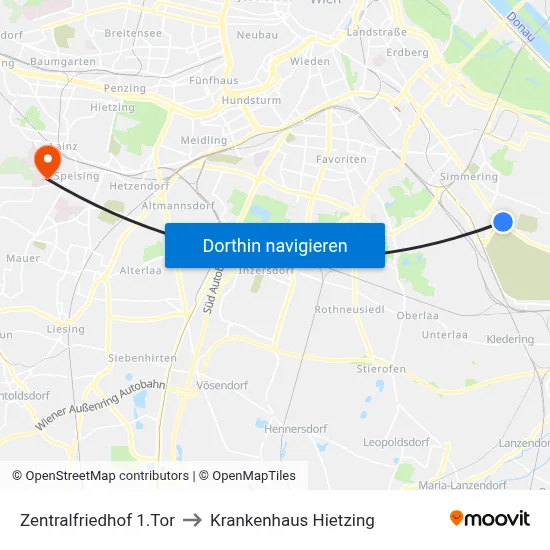 Zentralfriedhof 1.Tor to Krankenhaus Hietzing map