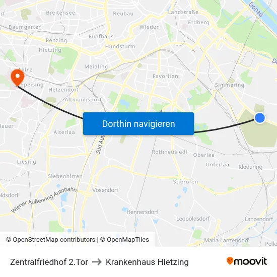 Zentralfriedhof 2.Tor to Krankenhaus Hietzing map