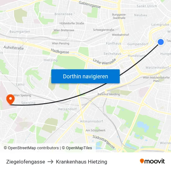Ziegelofengasse to Krankenhaus Hietzing map