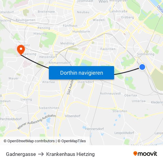 Gadnergasse to Krankenhaus Hietzing map