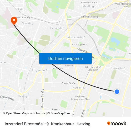 Inzersdorf Birostraße to Krankenhaus Hietzing map