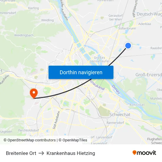 Breitenlee Ort to Krankenhaus Hietzing map