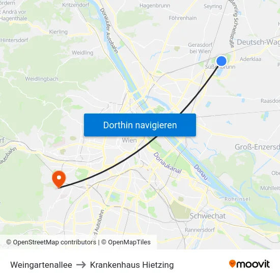 Weingartenallee to Krankenhaus Hietzing map