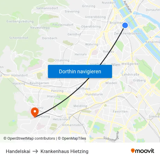 Handelskai to Krankenhaus Hietzing map