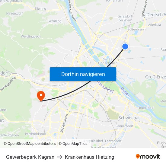 Gewerbepark Kagran to Krankenhaus Hietzing map