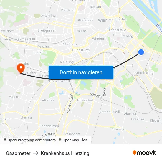 Gasometer to Krankenhaus Hietzing map