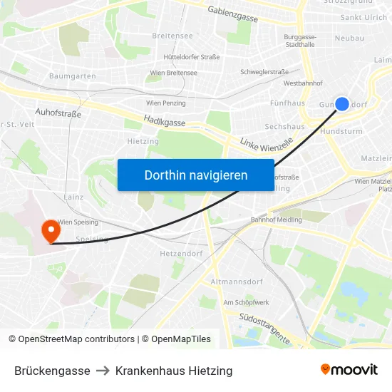 Brückengasse to Krankenhaus Hietzing map