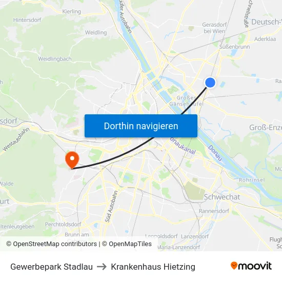 Gewerbepark Stadlau to Krankenhaus Hietzing map
