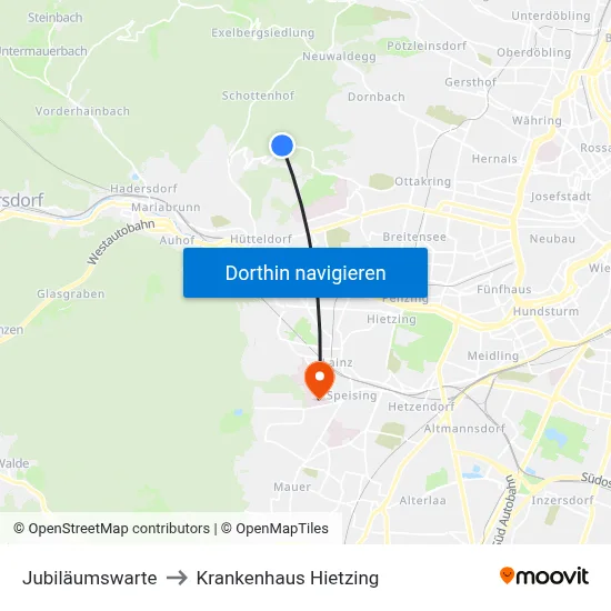 Jubiläumswarte to Krankenhaus Hietzing map