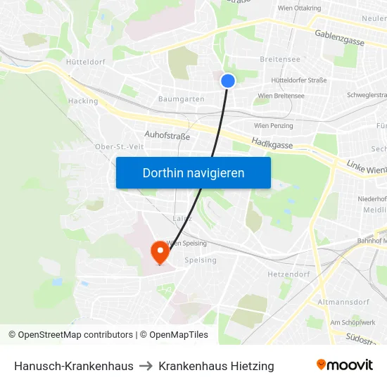Hanusch-Krankenhaus to Krankenhaus Hietzing map