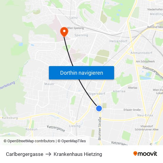 Carlbergergasse to Krankenhaus Hietzing map