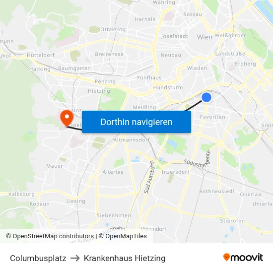 Columbusplatz to Krankenhaus Hietzing map