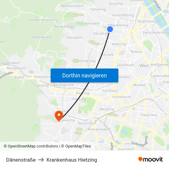 Dänenstraße to Krankenhaus Hietzing map