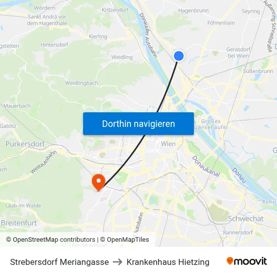 Strebersdorf Meriangasse to Krankenhaus Hietzing map