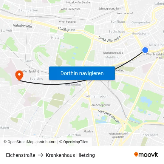 Eichenstraße to Krankenhaus Hietzing map