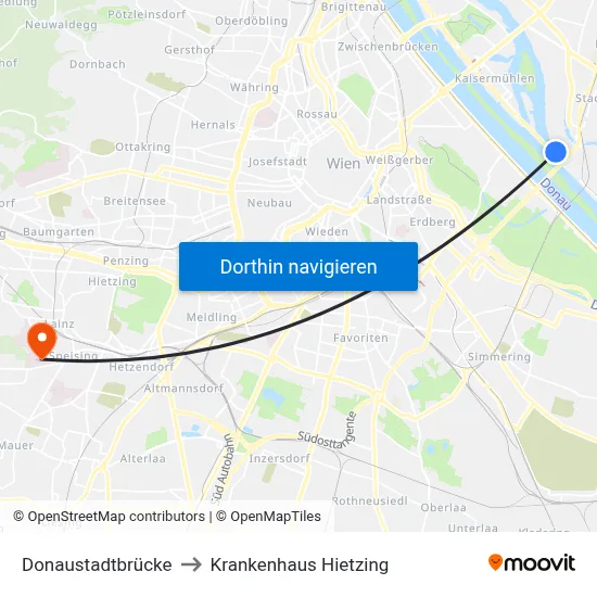 Donaustadtbrücke to Krankenhaus Hietzing map