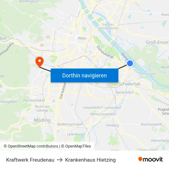 Kraftwerk Freudenau to Krankenhaus Hietzing map