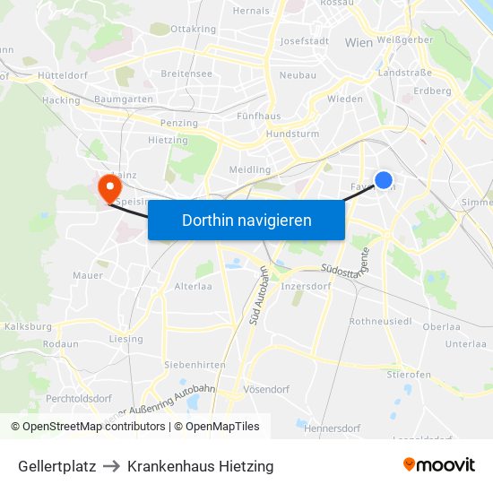 Gellertplatz to Krankenhaus Hietzing map