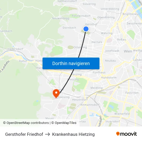 Gersthofer Friedhof to Krankenhaus Hietzing map