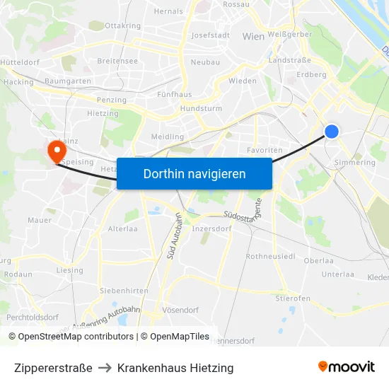 Zippererstraße to Krankenhaus Hietzing map