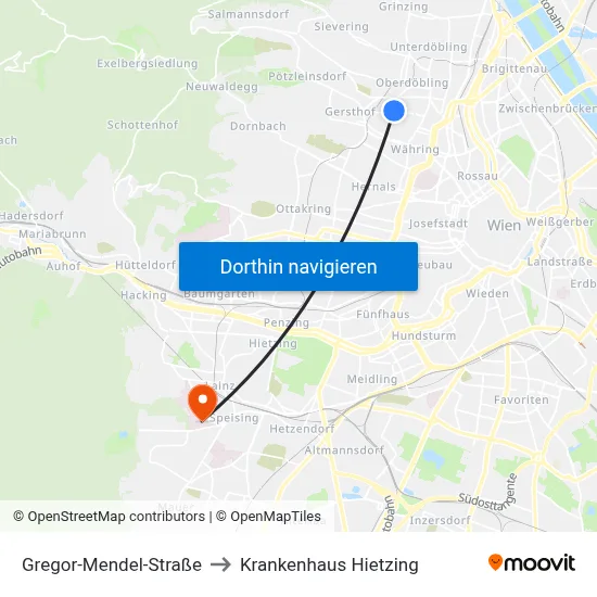 Gregor-Mendel-Straße to Krankenhaus Hietzing map