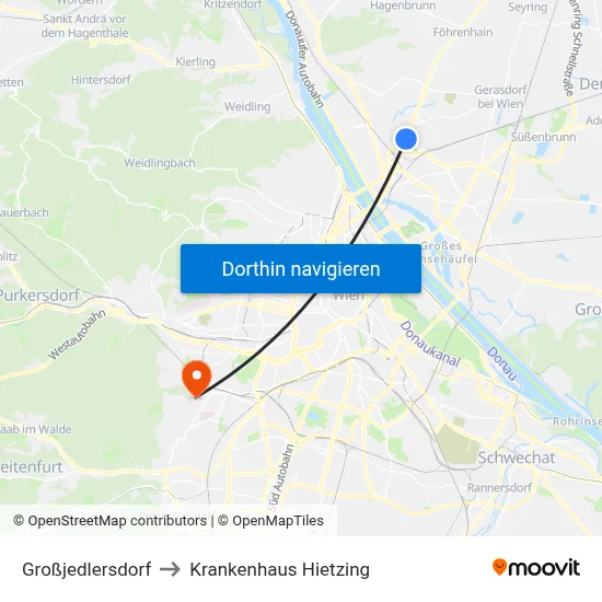 Großjedlersdorf to Krankenhaus Hietzing map
