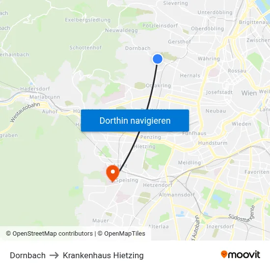 Dornbach to Krankenhaus Hietzing map