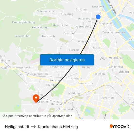 Heiligenstadt to Krankenhaus Hietzing map