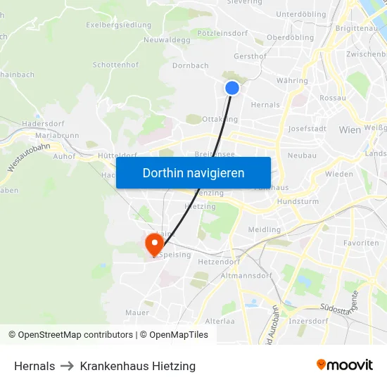 Hernals to Krankenhaus Hietzing map