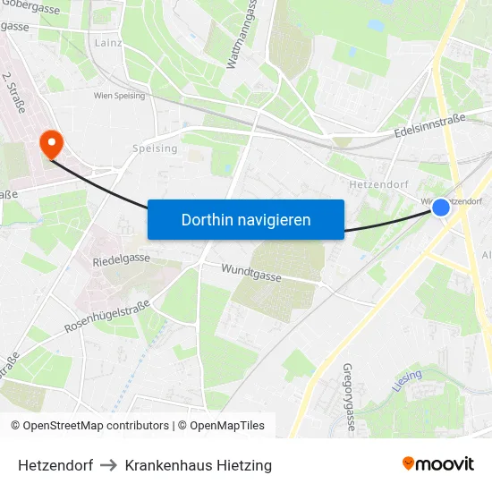 Hetzendorf to Krankenhaus Hietzing map