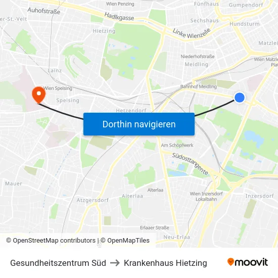 Gesundheitszentrum Süd to Krankenhaus Hietzing map