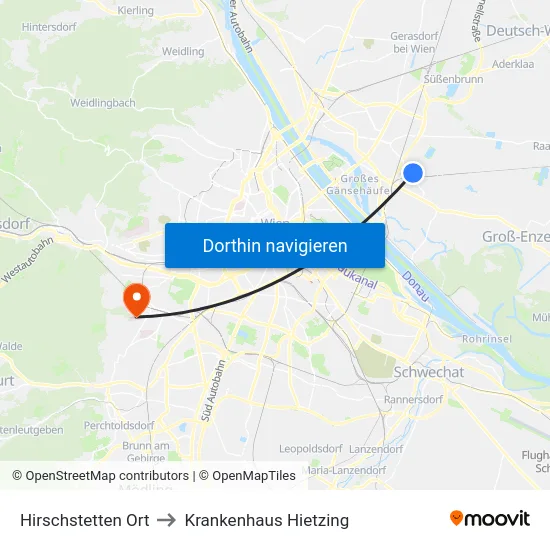 Hirschstetten Ort to Krankenhaus Hietzing map