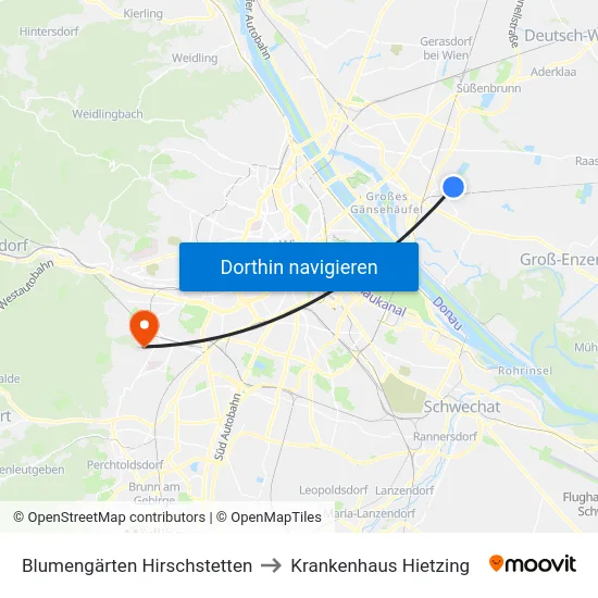 Blumengärten Hirschstetten to Krankenhaus Hietzing map