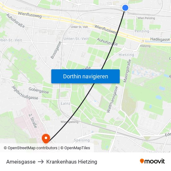 Ameisgasse to Krankenhaus Hietzing map