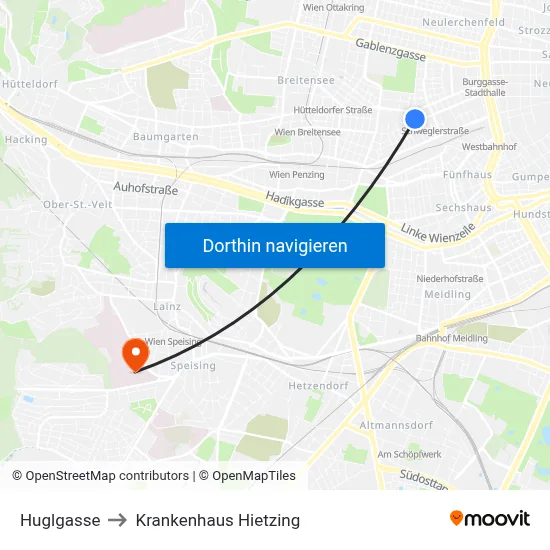 Huglgasse to Krankenhaus Hietzing map