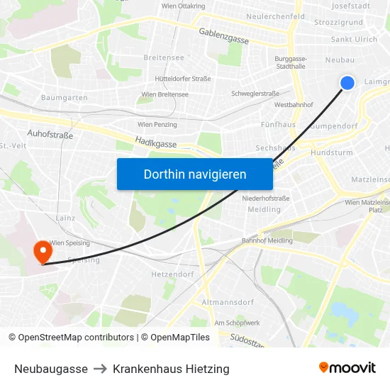 Neubaugasse to Krankenhaus Hietzing map